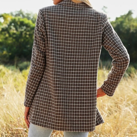 Minimalist Dark Academia Blazer jacket gingham plaid double breasted brown - Picture 5 of 6